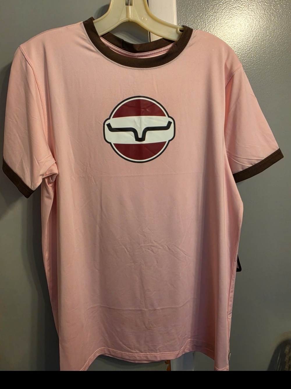Kimes Ranch Pink Short-Sleeve Ringer Tee with Brown Trim and Center Logo